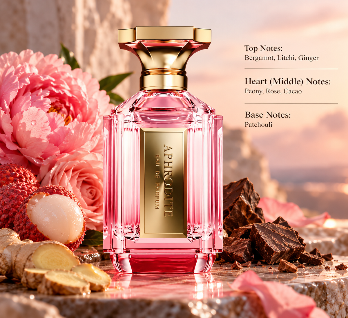 Aphrodite Eau de Parfum in a romantic floral setting with bergamot, litchi and ginger, peony and rose flowers, cacao and patchouli-inspired accents, presented against a soft warm pink background.