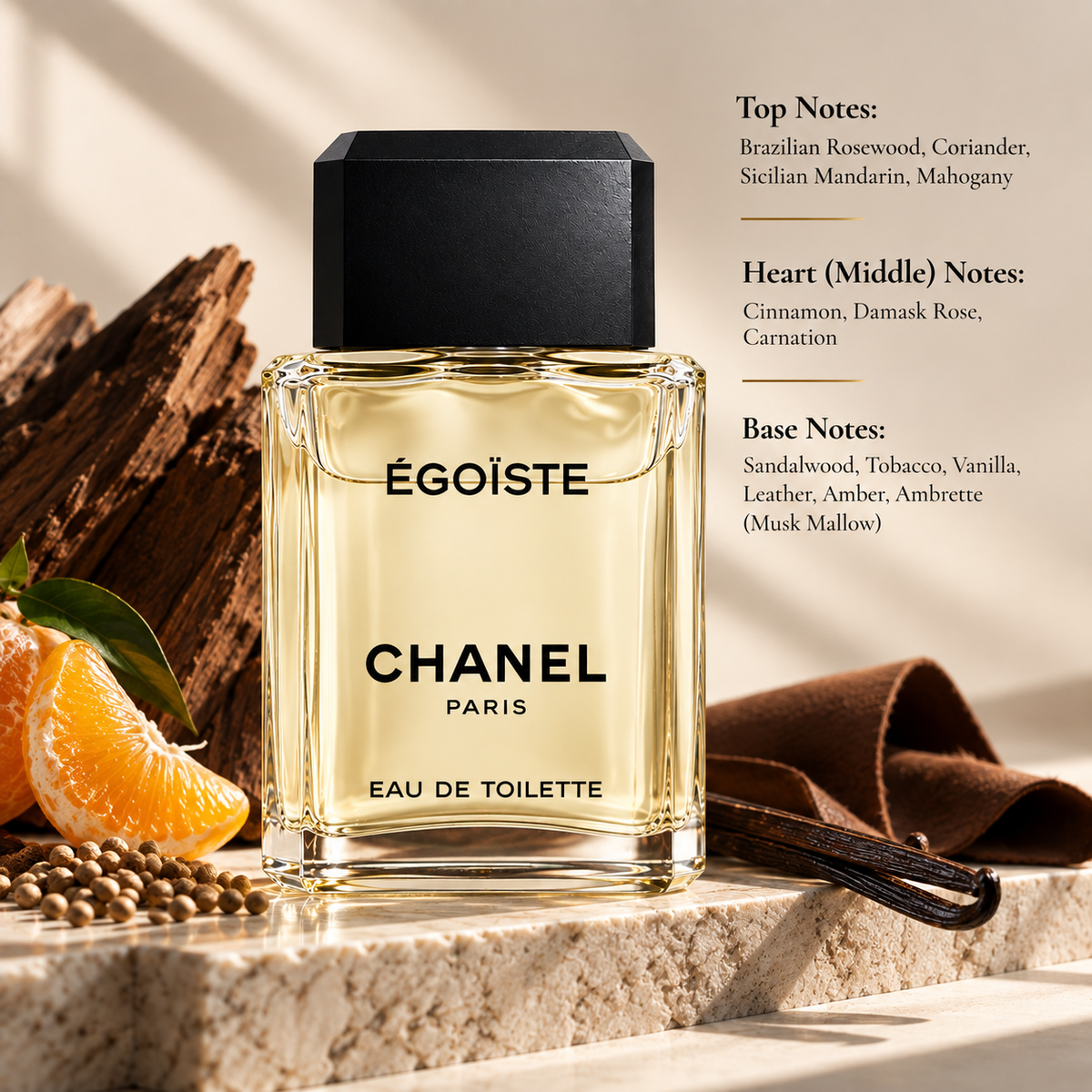 Chanel Égoïste 100ml Eau de Toilette displayed in a warm, woody and spicy composition with Brazilian rosewood, coriander, Sicilian mandarin, mahogany, cinnamon, Damask rose, carnation, sandalwood, tobacco, vanilla, leather, amber and ambrette, reflecting its rich, elegant and distinctive masculine character.