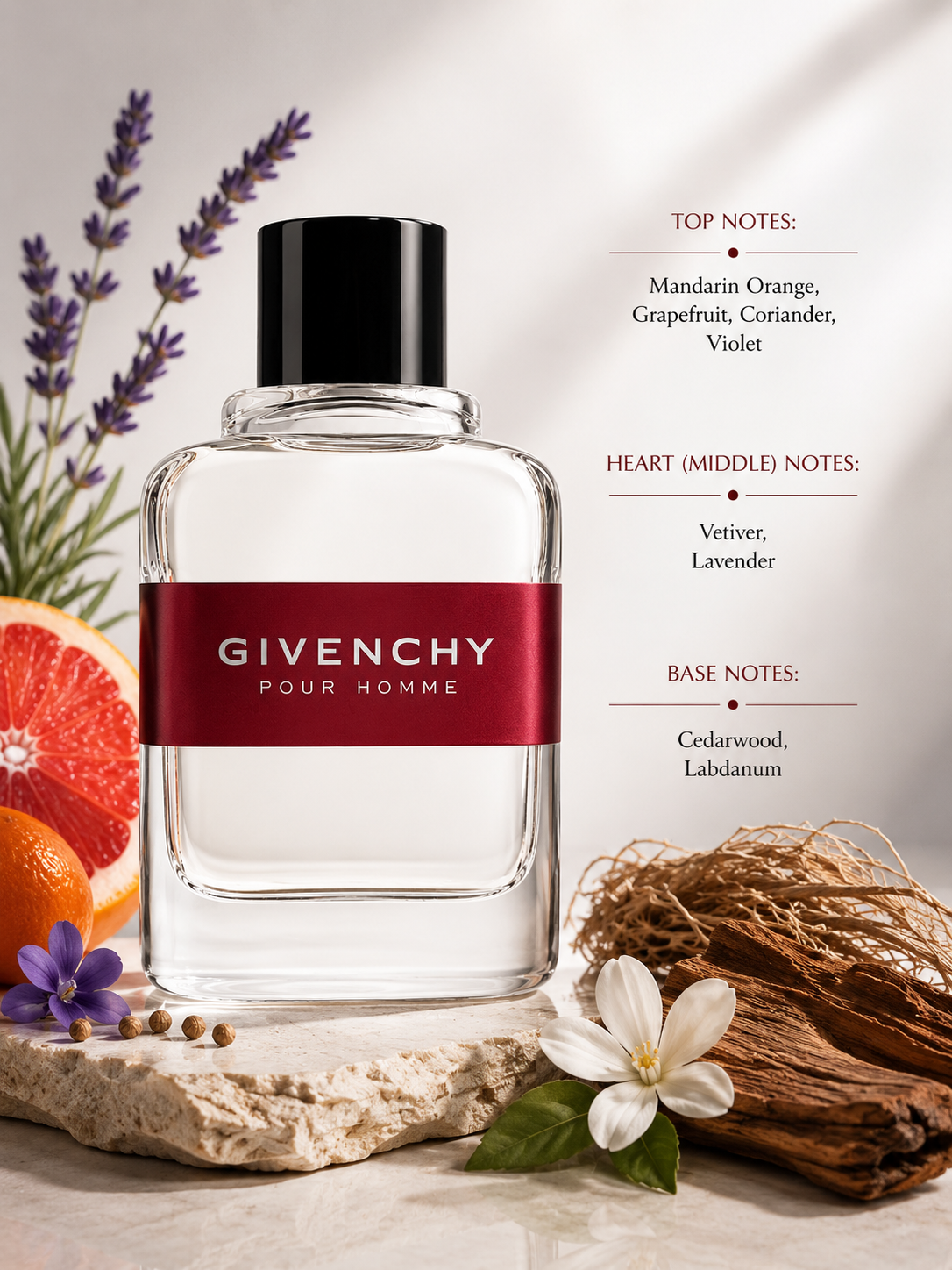 Givenchy Pour Homme Eau de Toilette displayed with fragrance notes, surrounded by mandarin orange, grapefruit, coriander, violet flowers, lavender, vetiver, cedarwood and labdanum, highlighting its fresh citrus, aromatic and woody composition.