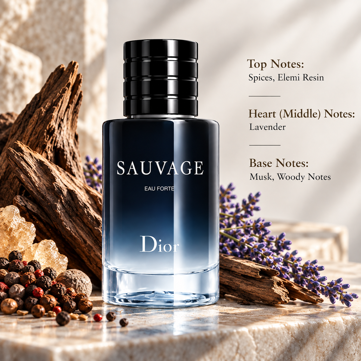 Dior Sauvage Eau Forte 60ml displayed in a refined warm composition with spices, elemi resin, lavender, musk and woody elements, reflecting its fresh, aromatic and woody fragrance character.