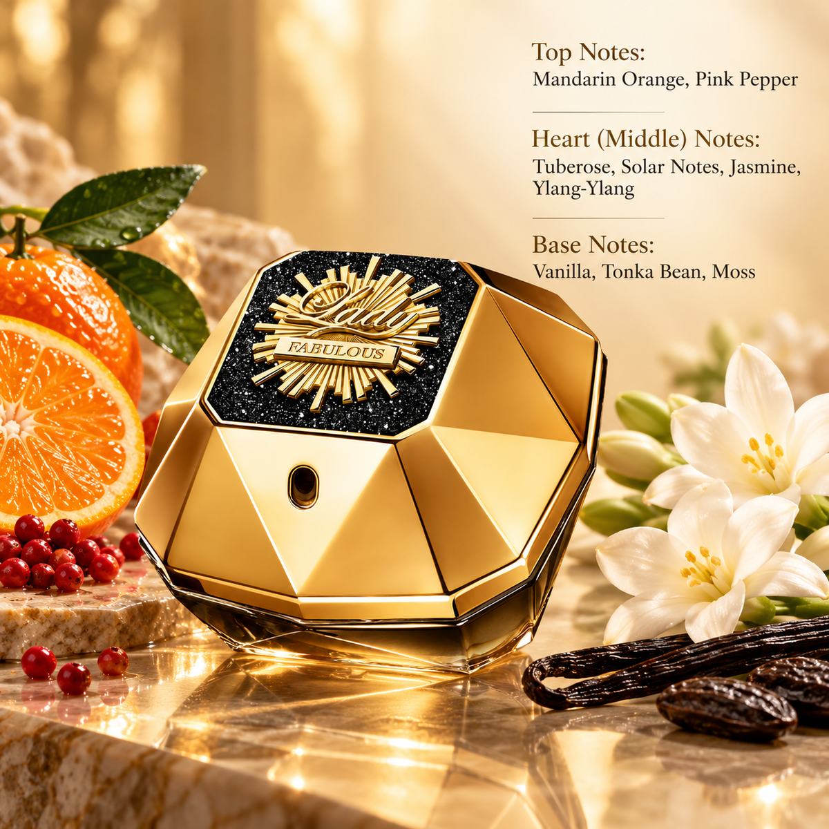 Lattafa Lady Fabulous Arabic perfume in a luxurious faceted gold bottle with a black glittering label, surrounded by fresh mandarin oranges, pink peppercorns, white jasmine flowers, vanilla pods and tonka beans. An elegant floral vanilla fragrance displayed on reflective marble with warm golden lighting.