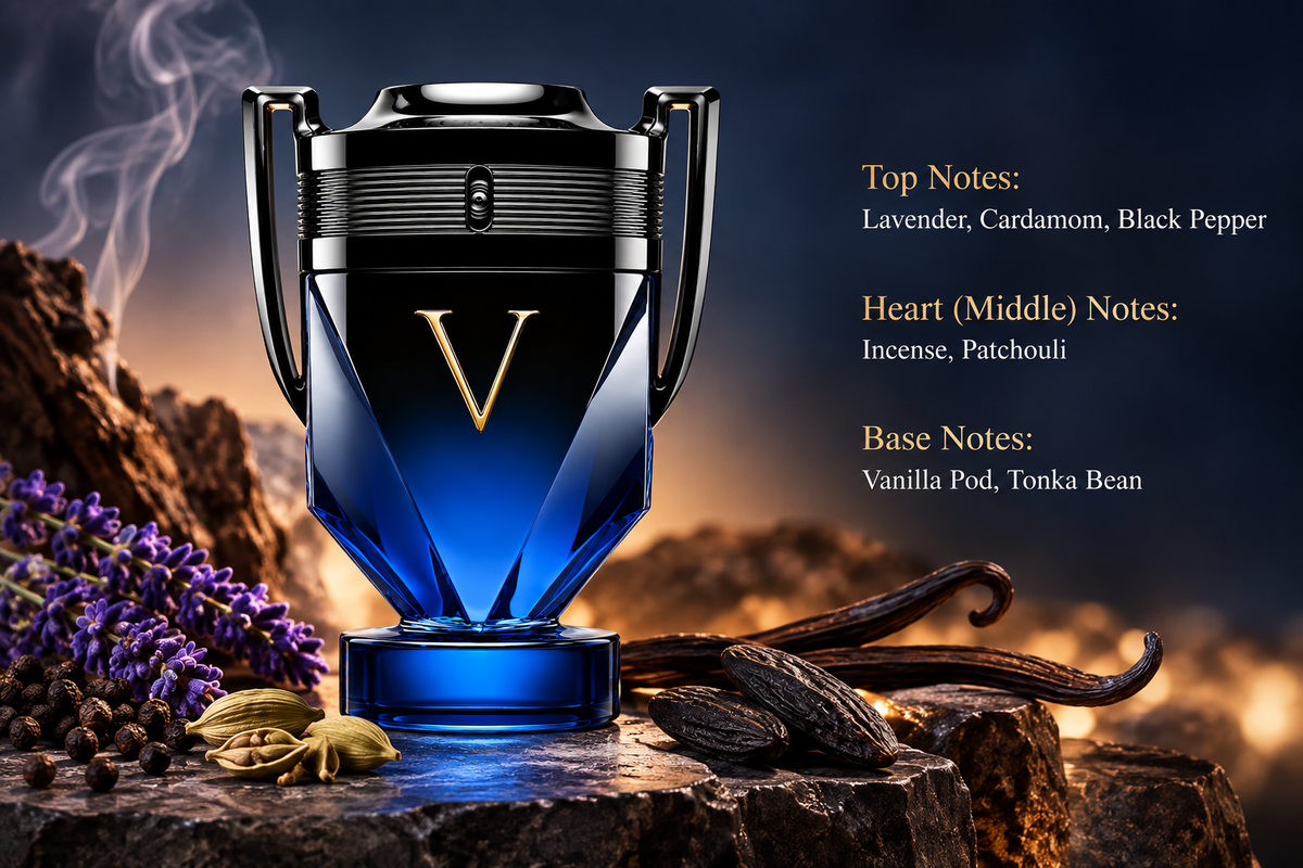 Rabanne Invictus Victory perfume bottle presented in a dramatic masculine setting with lavender, cardamom, black pepper, incense, patchouli, vanilla pod and tonka bean notes, against a dark blue and warm amber background.