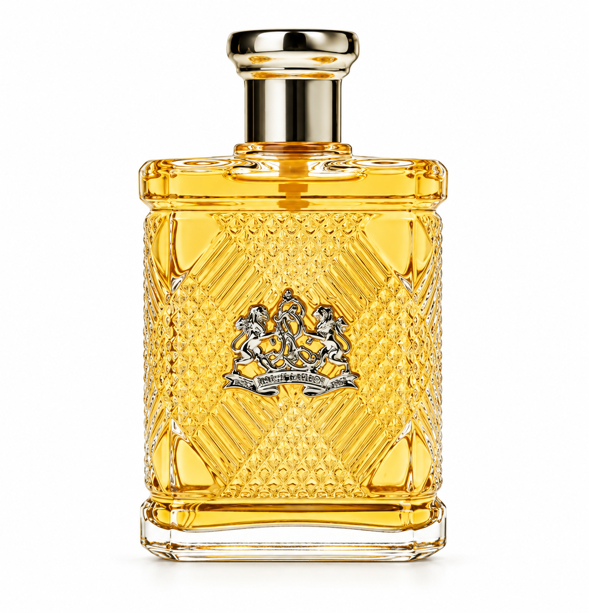 Ralph Lauren Safari 125ml Eau de Toilette for Men in its distinctive golden amber glass bottle, featuring an intricate textured geometric design, clear glass base, polished gold-toned cap and the classic Safari crest emblem, photographed front-facing against a clean pure white background.