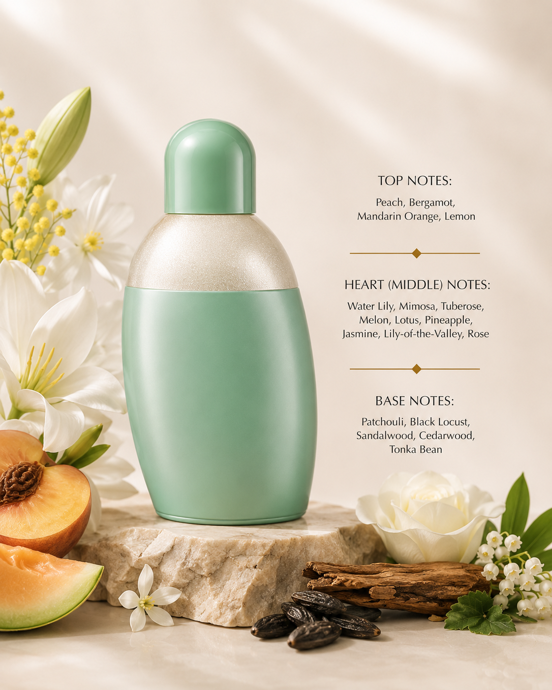A mint green and frosted glass bottle of fragrance stands on a stone slab surrounded by peach slices, white flowers, and botanical elements. To the right, text lists the fragrance notes: top notes of peach, mandarin orange, and lemon; heart notes including water lily, mimosa, tuberose, cedarwood, and rose; base notes such as patchouli, black locust, sandalwood, cedarwood, and tonka bean.