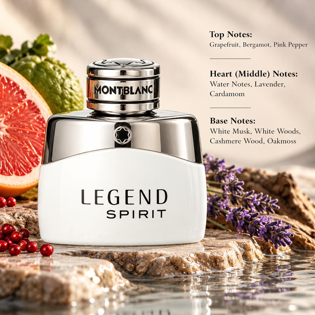 Montblanc Legend Spirit men’s fragrance elegantly styled with grapefruit, pink pepper, lavender and natural woody elements, reflecting its fresh citrus, aromatic, musky and woody scent profile.