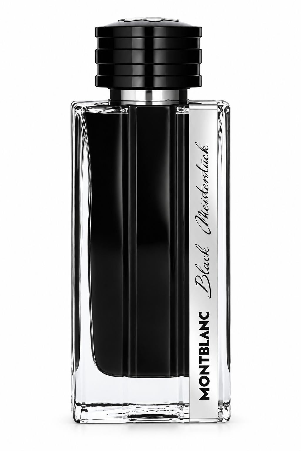 Montblanc Black Meisterstück men’s fragrance in a sleek rectangular clear glass bottle with a deep black inner design, polished black cap and distinctive vertical Montblanc Black Meisterstück branding on a clean white background.