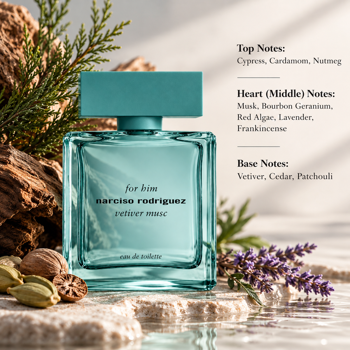 Narciso Rodriguez For Him Vetiver Musc Eau de Toilette in a turquoise glass bottle, styled with cypress, cardamom, nutmeg, lavender and woody elements to reflect its aromatic, musky and woody fragrance profile.