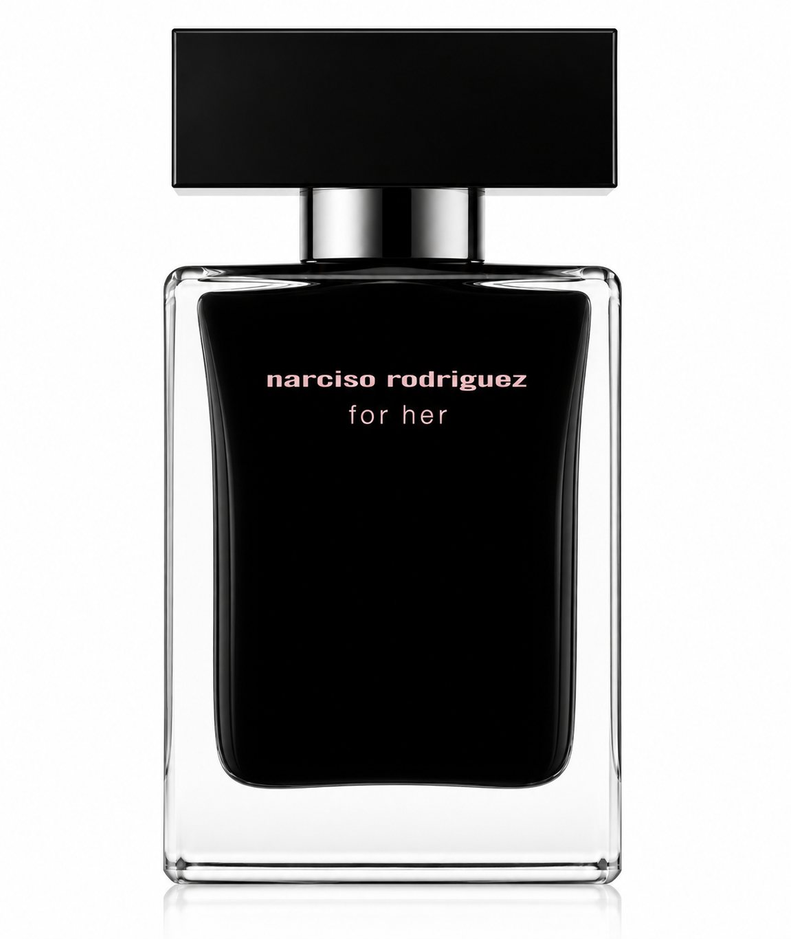 Narciso Rodriguez For Her Eau de Parfum Intense bottle isolated on a white background, featuring a sleek rectangular clear glass bottle with a glossy black inner lacquered design, a minimalist black rectangular cap, and the signature soft pink Narciso Rodriguez logo.