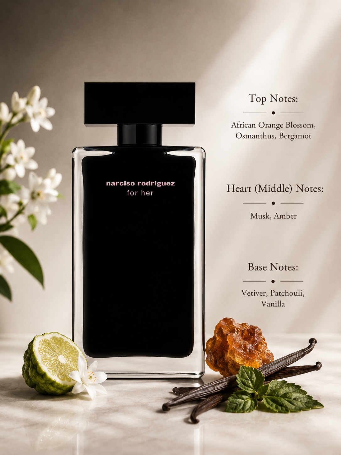 Narciso Rodriguez For Her Eau de Parfum Intense displayed with fragrance notes, surrounded by African orange blossom, bergamot, osmanthus flowers, vanilla pods, amber resin, patchouli leaves, and vetiver wood, highlighting its floral, musky, amber, and warm woody fragrance profile.