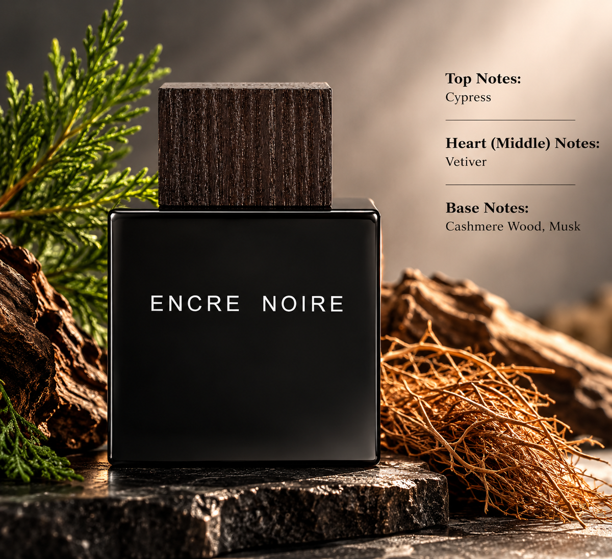 Lalique Encre Noire perfume in a dark elegant woody setting with cypress, vetiver roots and natural wood accents, reflecting its distinctive earthy, smoky, woody and aromatic fragrance character.