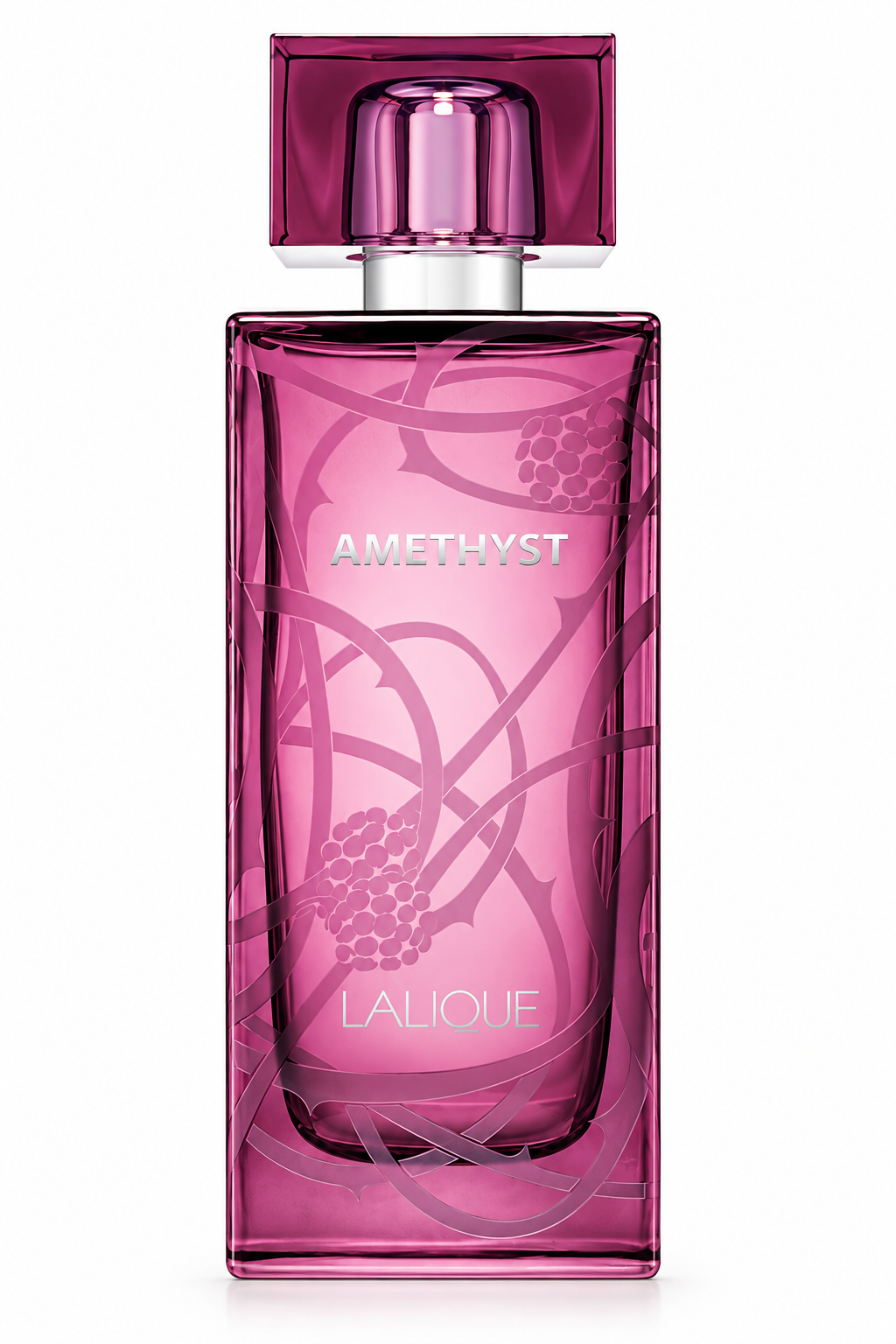 Lalique Amethyst perfume in a tall vibrant amethyst-pink glass bottle with elegant botanical detailing, silver accents and matching geometric cap, photographed on a clean white background.