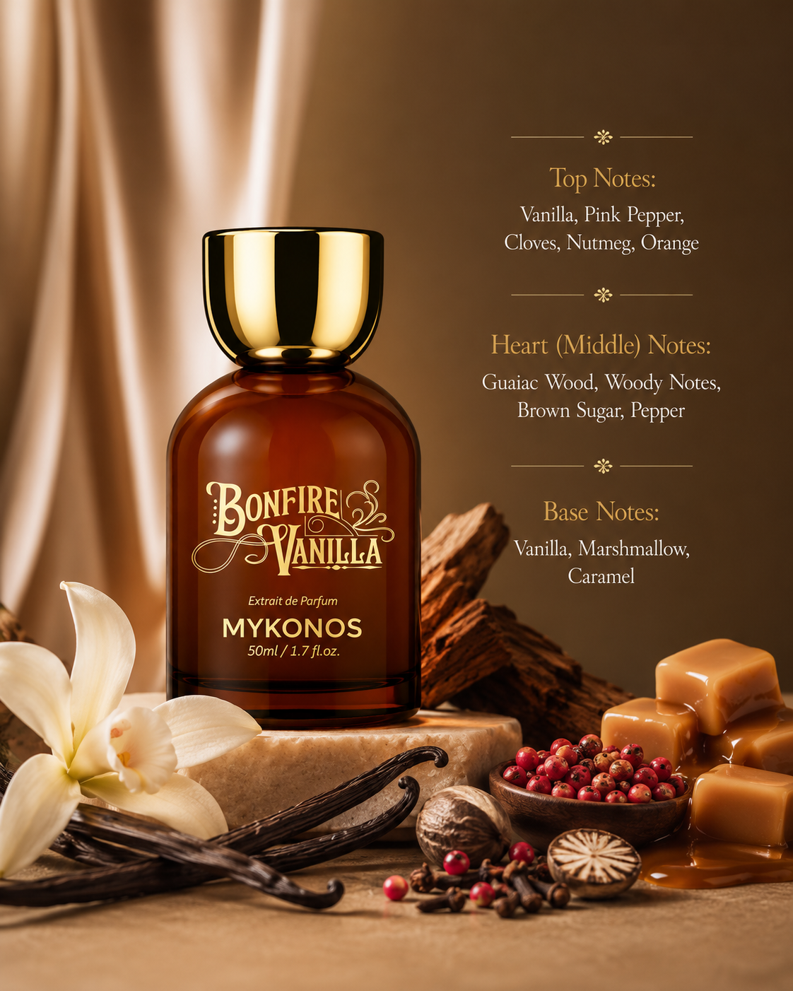 Mykonos Bonfire Vanilla 50ml Extrait de Parfum surrounded by vanilla pods, caramel, pink pepper, cloves, nutmeg, woods and marshmallow, reflecting its warm, spicy gourmand fragrance profile.