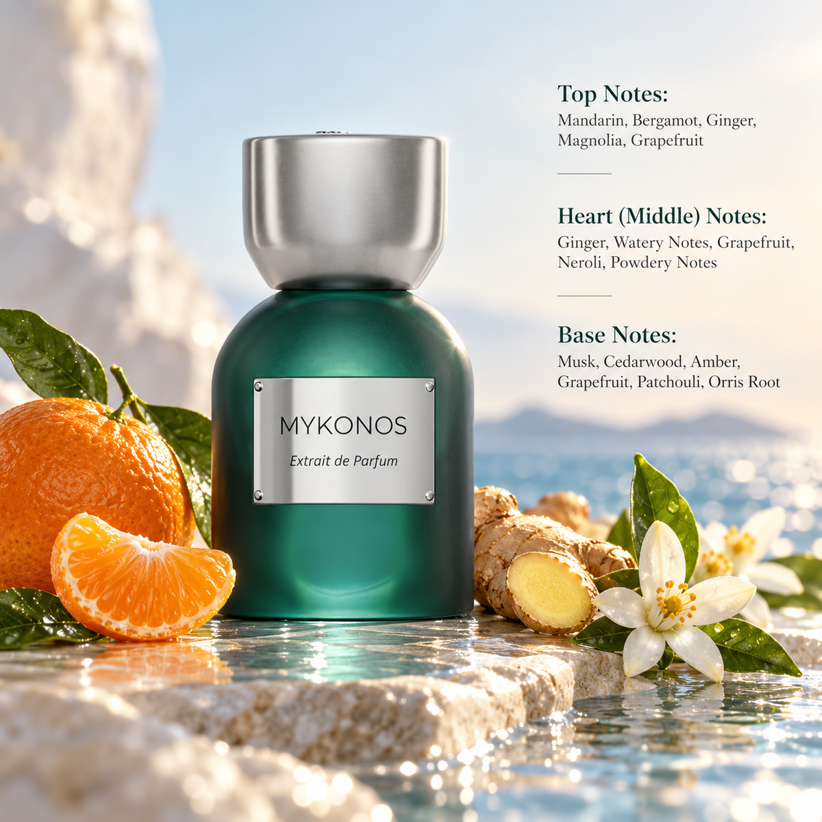 Mykonos Sorrento 50ml Extrait de Parfum in a luxurious emerald green bottle with a silver cap, surrounded by fresh mandarin, ginger and delicate white flowers. A sunlit Mediterranean coastal background highlights this refreshing citrus aquatic fragrance with bergamot, neroli, cedarwood, amber and musk notes.