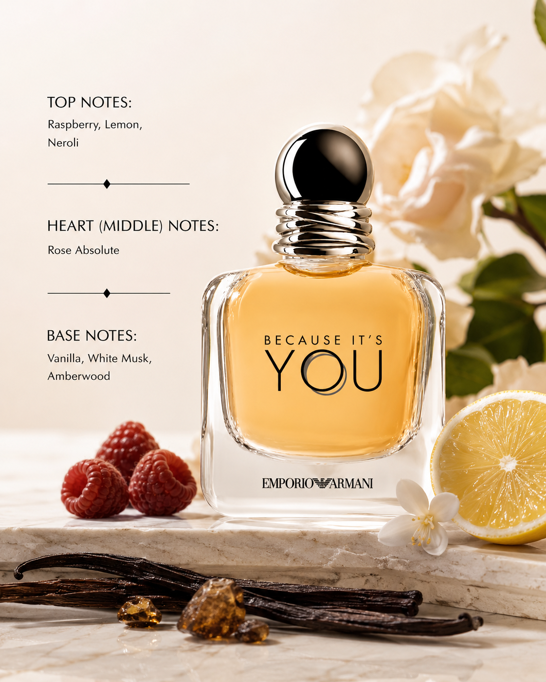 Emporio Armani Because It’s You Eau de Parfum with fragrance notes of raspberry, lemon, neroli, rose absolute, vanilla, white musk and amberwood.