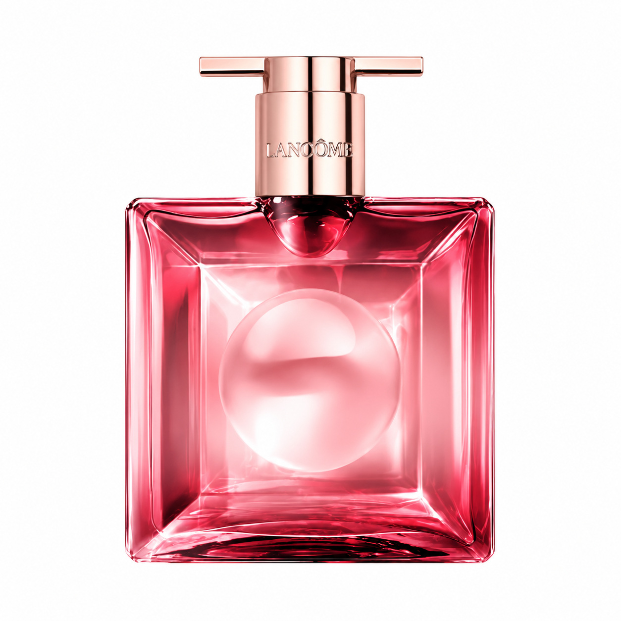 Lancôme Idôle Neo Eau de Parfum bottle isolated on a white background, featuring a bold square glass design with vibrant pink juice, a luminous pearl-like sphere at the center, and a polished rose gold cap.