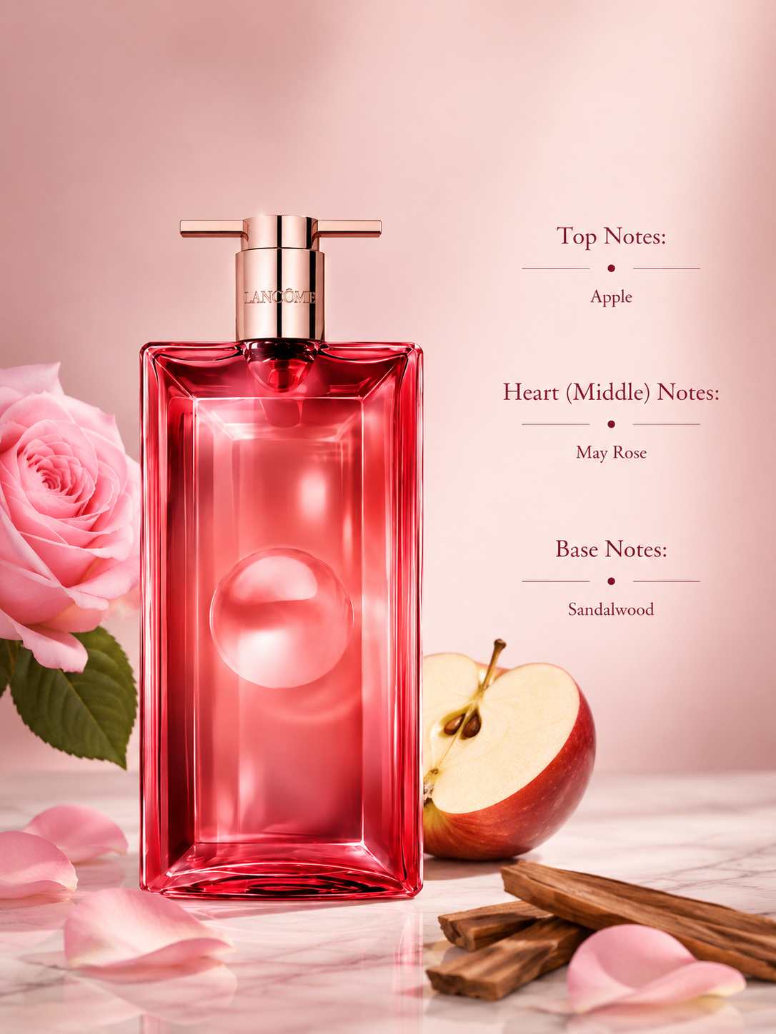 Lancôme Idôle Power Eau de Parfum Intense displayed with its fragrance notes, surrounded by pink roses, fresh apple, and sandalwood, highlighting its modern fruity floral fragrance with a warm woody finish