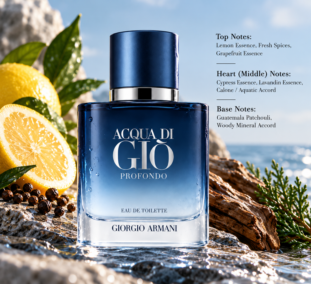 Giorgio Armani Acqua di Giò Profondo Eau de Toilette bottle in a fresh coastal setting with lemon, grapefruit, cypress, aromatic spices and woody accents, reflecting its aquatic, citrus, aromatic and mineral fragrance profile.