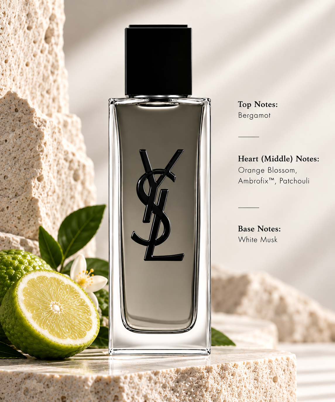 YSL MYSLF L’Absolu 60ml Parfum with notes of bergamot, orange blossom, Ambrofix™, patchouli and white musk, presented in an elegant composition with citrus, white florals, green leaves and natural stone textures.
