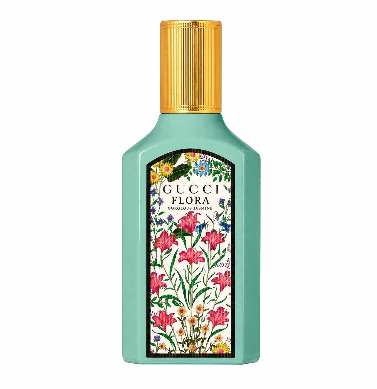 Gucci Flora Floral Essence perfume bottle in a mint green color with a gold cap and a colorful floral label, shown on a white background.