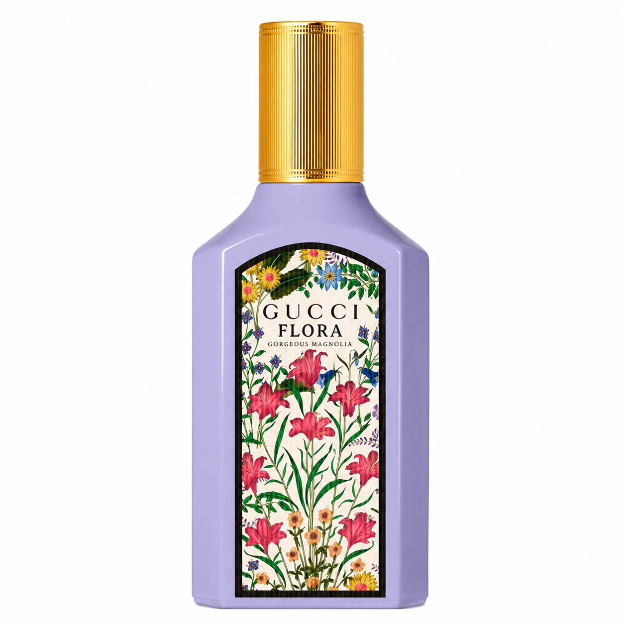 Gucci Flora Gorgeous Magnolia perfume in a lavender purple bottle with a gold cap and a colorful floral label, shown on a white background.