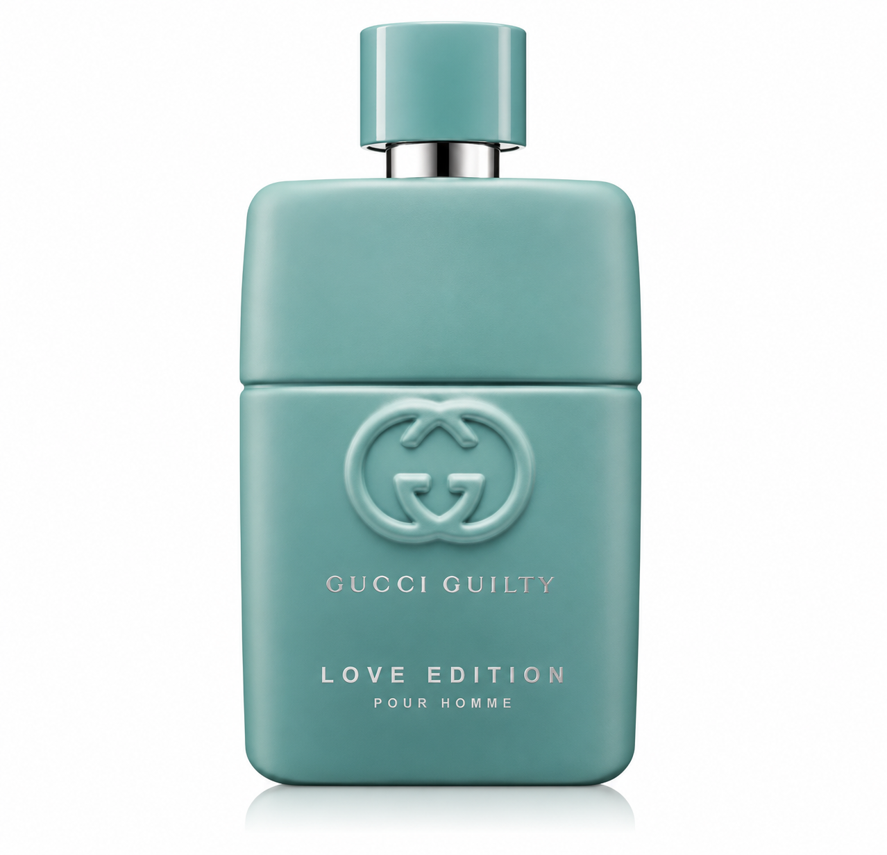 Gucci Guilty Love Edition Pour Homme Eau de Parfum bottle isolated on a white background, featuring a matte turquoise bottle with the embossed Gucci Guilty logo, silver lettering, and a matching turquoise cap.