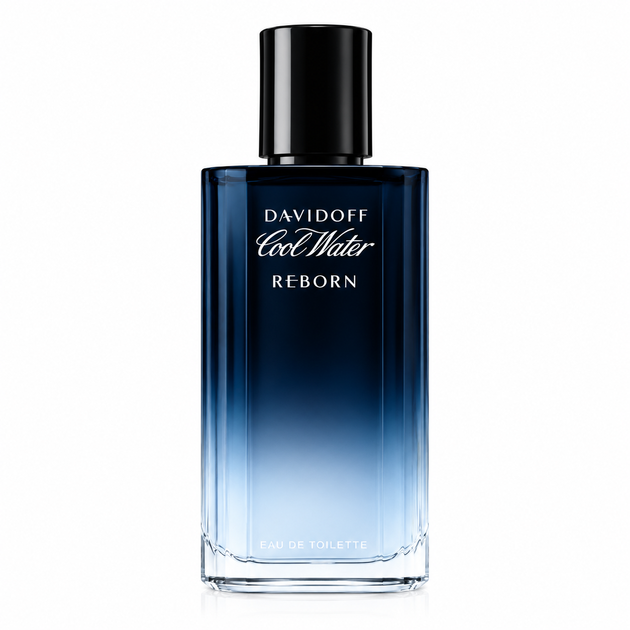 Davidoff Cool Water Reborn Eau de Toilette bottle isolated on a white background, featuring a sleek blue gradient glass design with a minimalist black cap inspired by fresh aquatic elegance.