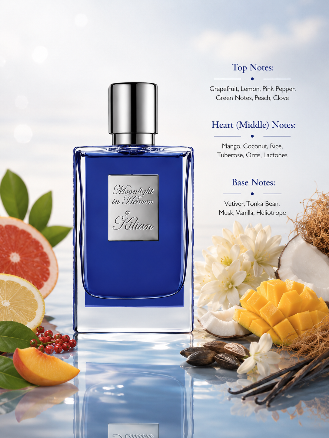 By Kilian Moonlight in Heaven Eau de Parfum displayed with its fragrance notes, surrounded by grapefruit, lemon, mango, coconut, white flowers, vanilla, tonka bean, and tropical fruits, highlighting its fresh fruity gourmand fragrance with citrus, creamy floral, and warm musky accords.