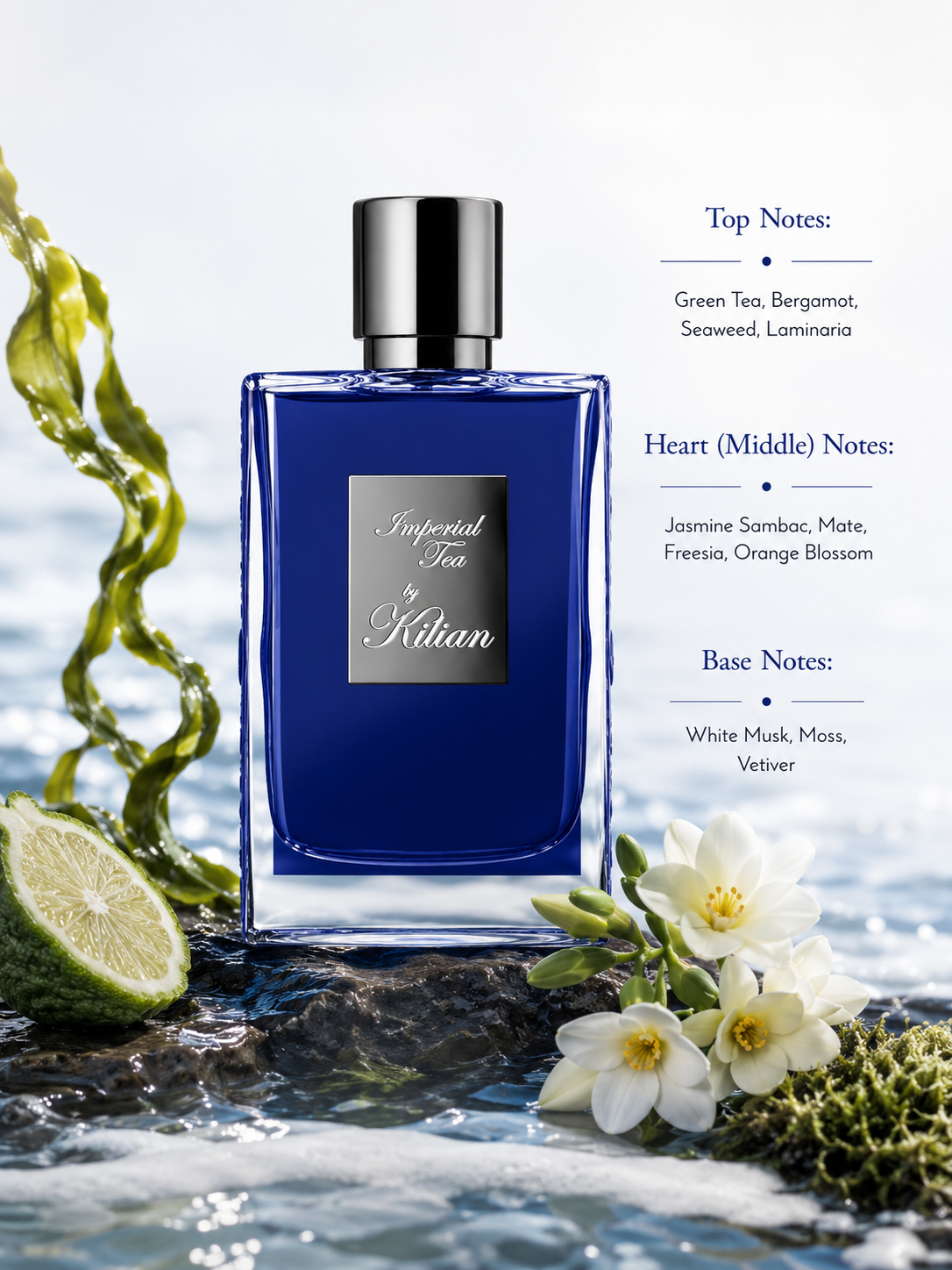 By Kilian Imperial Tea Eau de Parfum displayed with its fragrance notes, surrounded by green tea leaves, bergamot, seaweed, white flowers, moss, and a watery backdrop, highlighting its fresh aquatic green fragrance with tea, floral, and musky woody accords.