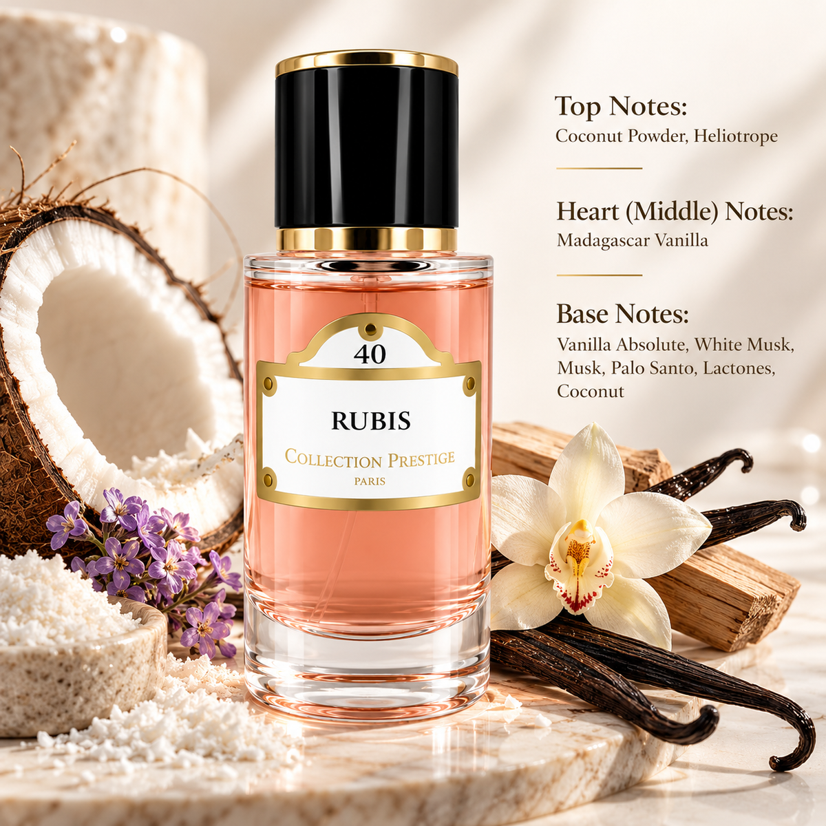 Collection Prestige Rubis No.40 50ml displayed in a warm, luxurious gourmand composition with coconut, heliotrope, Madagascar vanilla, white musk and palo santo elements, reflecting its creamy, powdery, sweet and softly woody character.