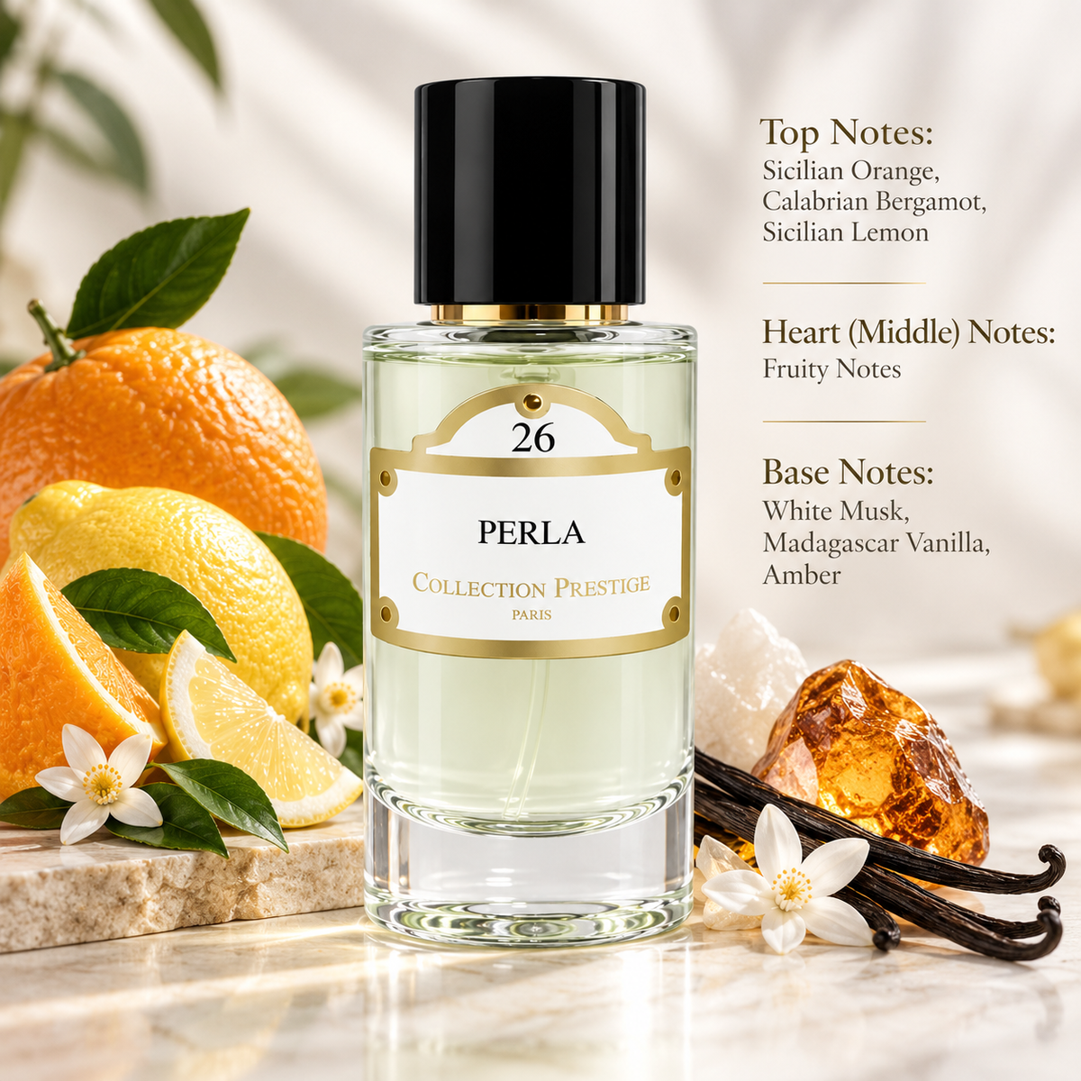 Collection Prestige Perla No.26 50ml displayed in a fresh, luminous composition with Sicilian orange, Calabrian bergamot, Sicilian lemon, fruity notes, white musk, Madagascar vanilla and amber elements, reflecting its bright citrusy, fruity, softly sweet and musky character.