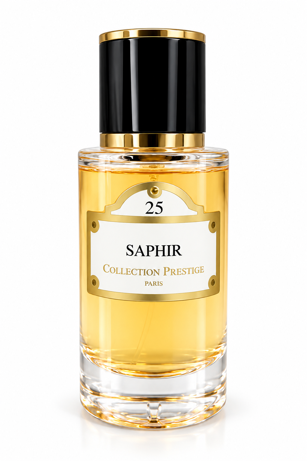 Collection Prestige Saphir No.25 50ml Extrait de Parfum presented in an elegant cylindrical glass bottle with warm golden fragrance, glossy black cap with gold detailing and a refined white-and-gold label, photographed against a pure white background.