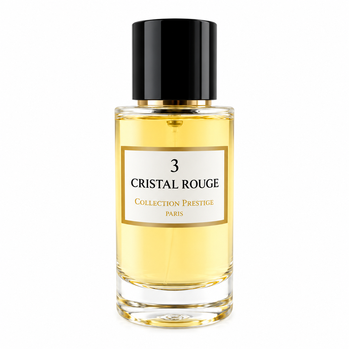 Collection Prestige Cristal Rouge No.3 50ml Extrait de Parfum presented in an elegant cylindrical glass bottle with warm golden fragrance, glossy black cap, subtle gold detailing and a refined white-and-gold label, photographed against a pure white background.