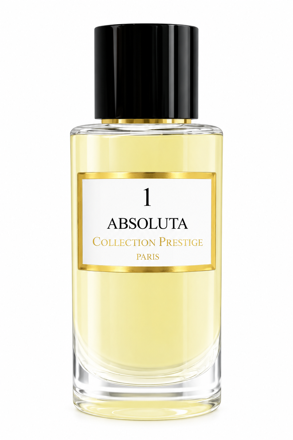 Collection Prestige Absoluta No.1 50ml Extrait de Parfum presented in a refined clear glass bottle with pale golden fragrance, glossy black cap, subtle gold detailing and an elegant white-and-gold label, photographed against a pure white background.