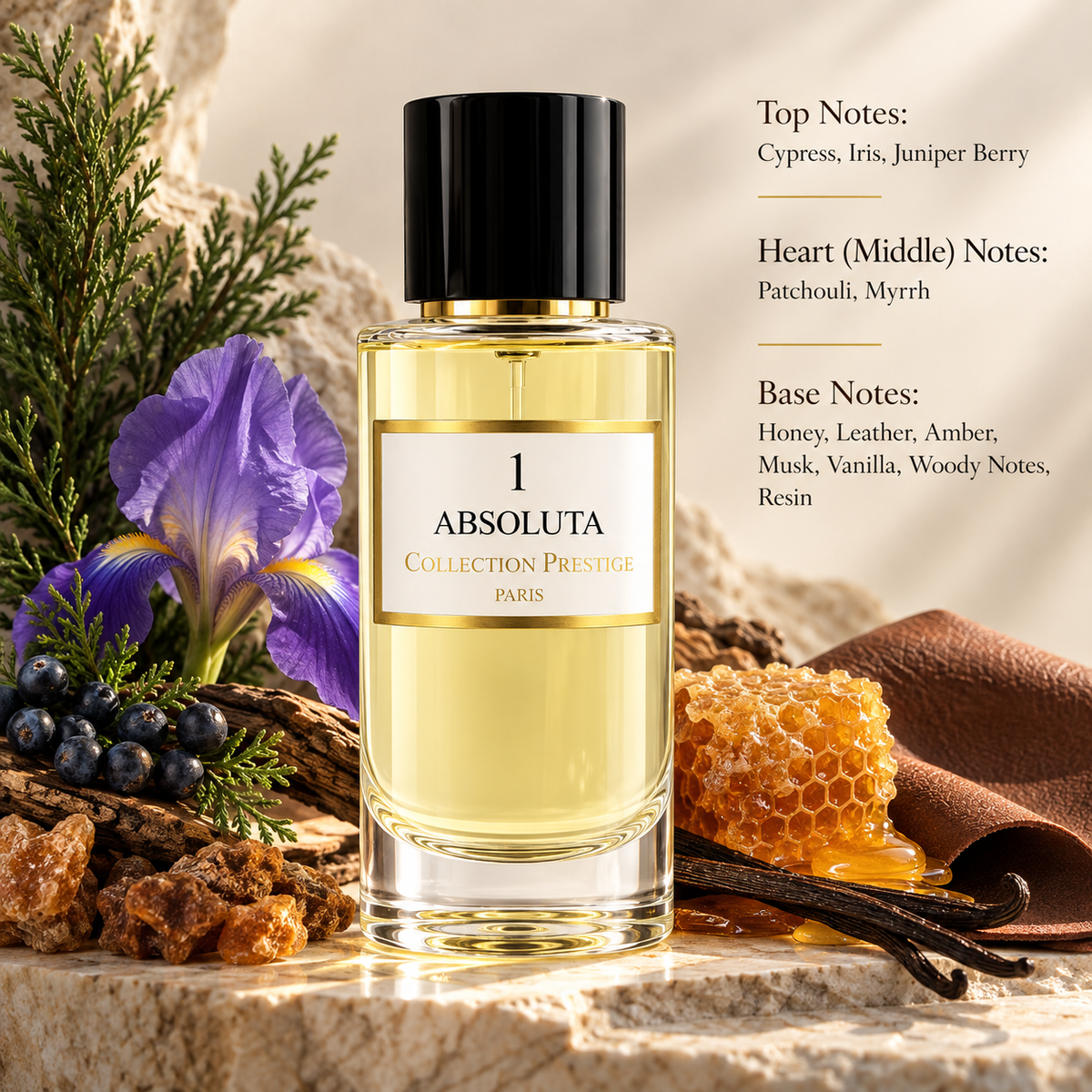 Collection Prestige Absoluta No.1 50ml displayed in an elegant woody, resinous and warm composition with cypress, iris, juniper berry, patchouli, myrrh, honey, leather, amber, musk, vanilla, woody notes and resin, reflecting its rich and sophisticated character.