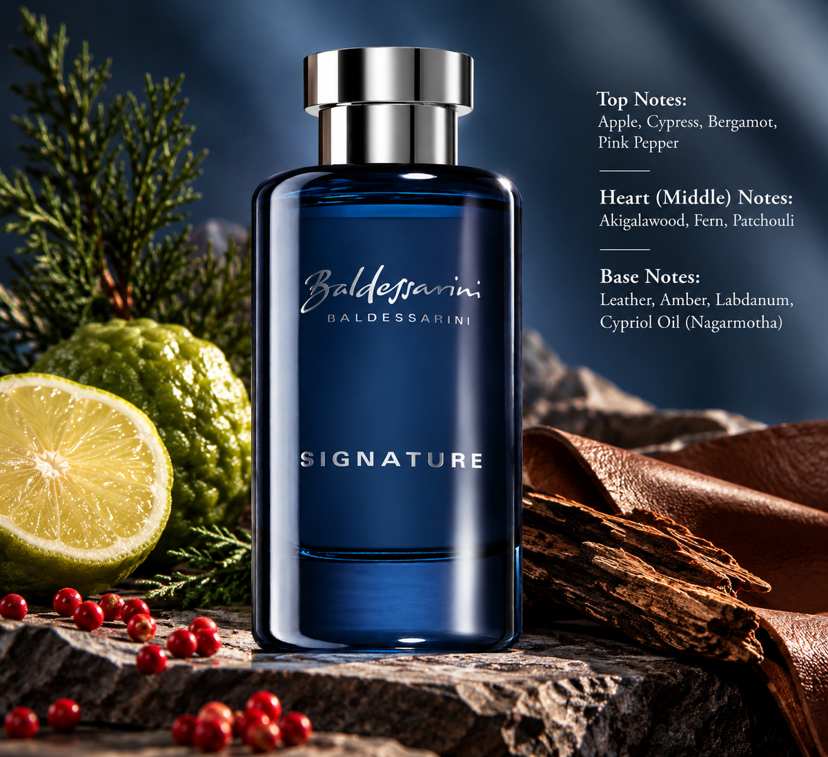 Baldessarini Signature men’s fragrance displayed with bergamot, cypress, pink pepper, woods and leather, visually representing its fresh aromatic opening and sophisticated amber, labdanum and leather base.