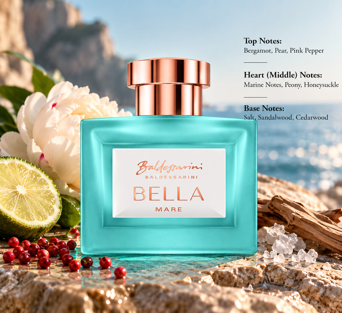 Baldessarini Bella Mare women’s fragrance presented in a Mediterranean seaside setting with bergamot, pear, pink pepper and peony, reflecting its fresh marine character with honeysuckle, salt, sandalwood and cedarwood.