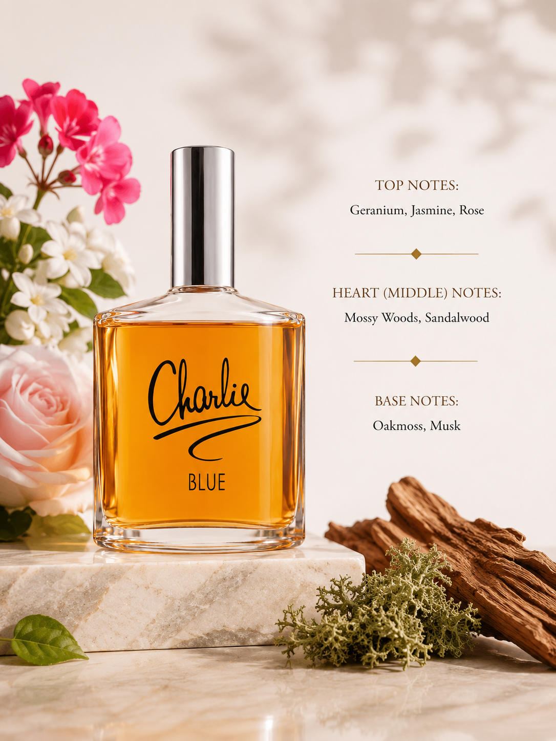 Charlie Blue perfume bottle with amber liquid and a silver cap, styled on a marble slab with flowers, bark, and greenery, alongside printed scent notes on a cream background.