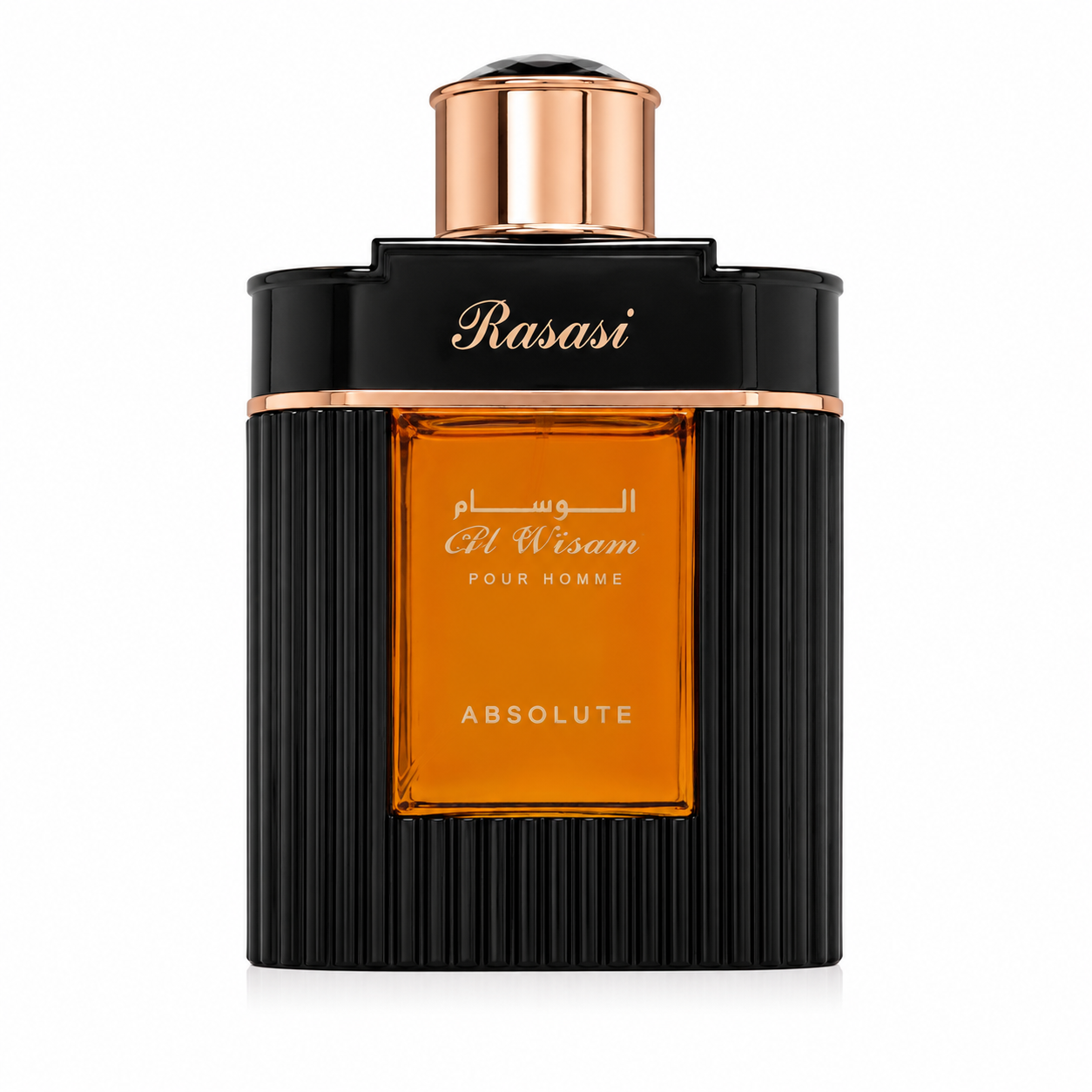 Rasasi Al Wisam Absolute Pour Homme Eau de Parfum bottle in its distinctive black fluted flacon with amber glass center and elegant rose gold accents, isolated on a pristine white background with premium studio lighting, showcasing the luxurious Middle Eastern craftsmanship and refined masculine design.