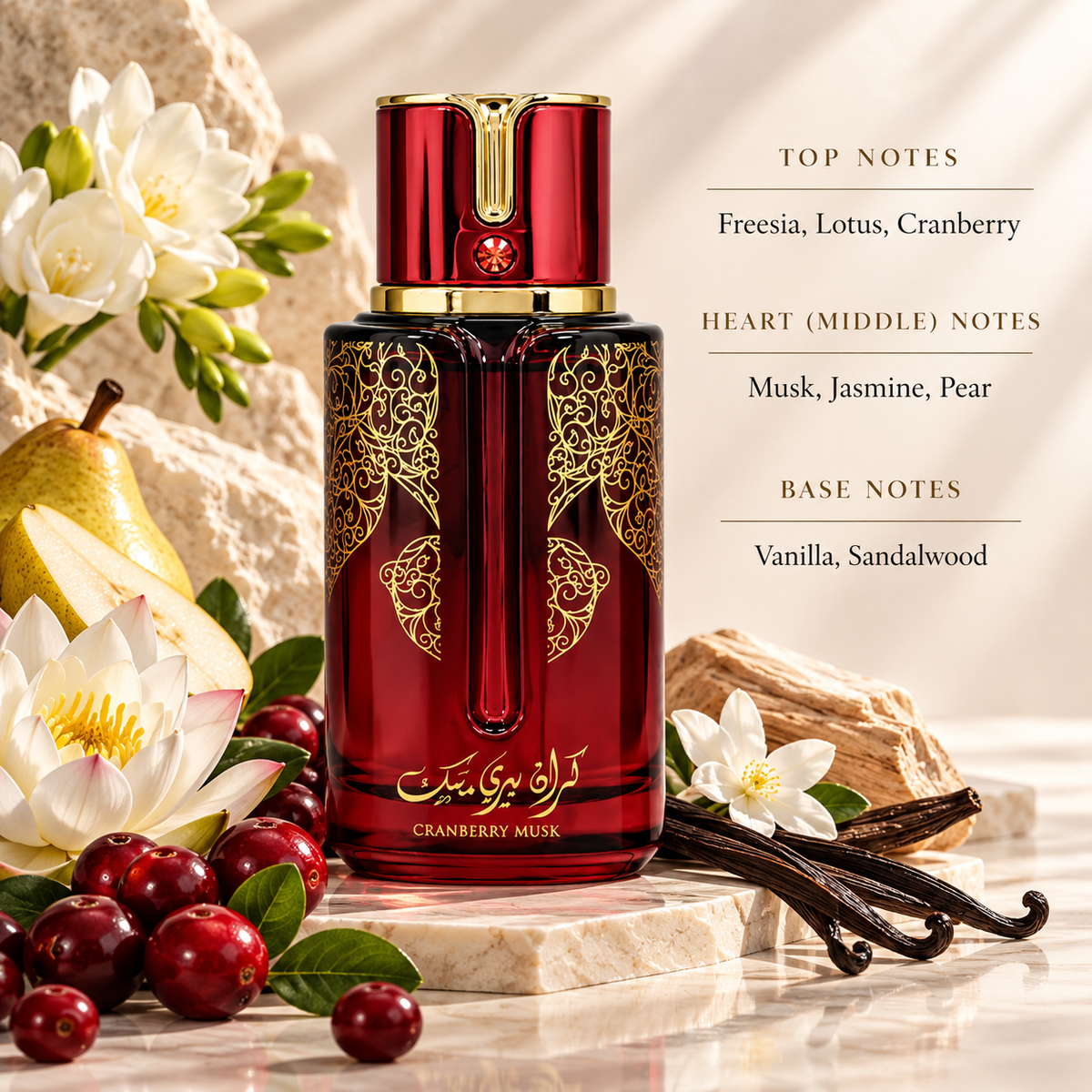 Arabiyat Prestige Cranberry Musk presented in an elegant, luminous setting surrounded by cranberries, pear, freesia and lotus-inspired florals. Fresh fruity-floral notes of freesia, lotus and cranberry lead into a soft heart of musk, jasmine and pear, finishing with smooth vanilla and sandalwood.