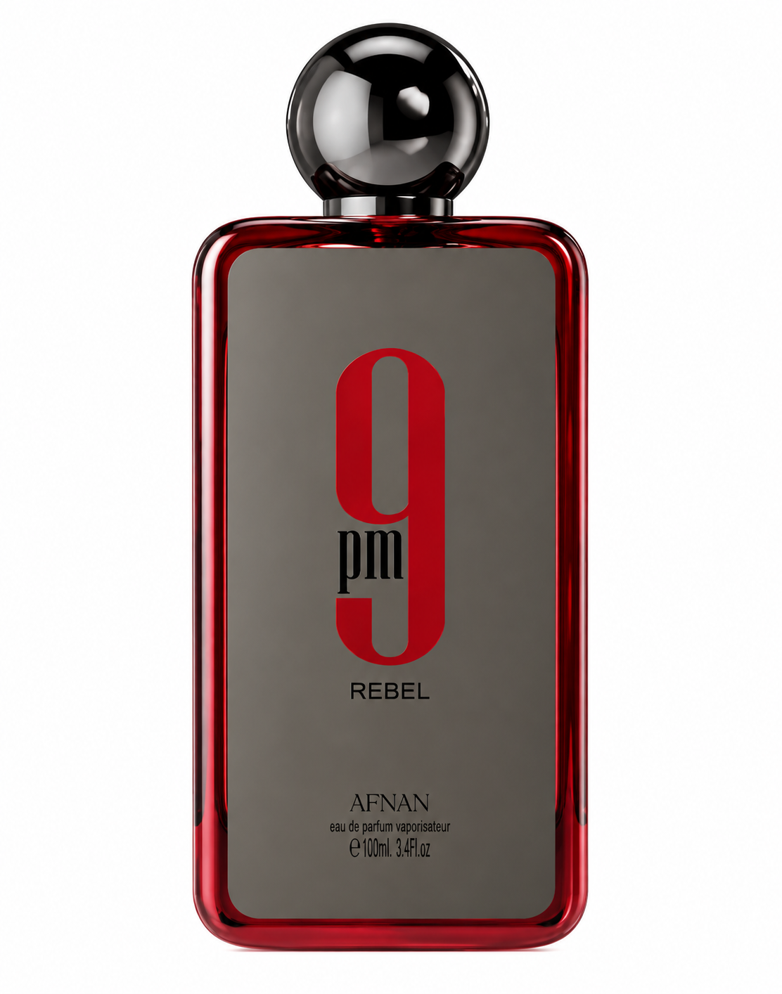 Afnan 9PM Rebel Eau de Parfum 100ml, featuring its striking deep red glass frame, smoky dark front panel, bold red 9PM Rebel branding and glossy black spherical cap, isolated on a clean white background.