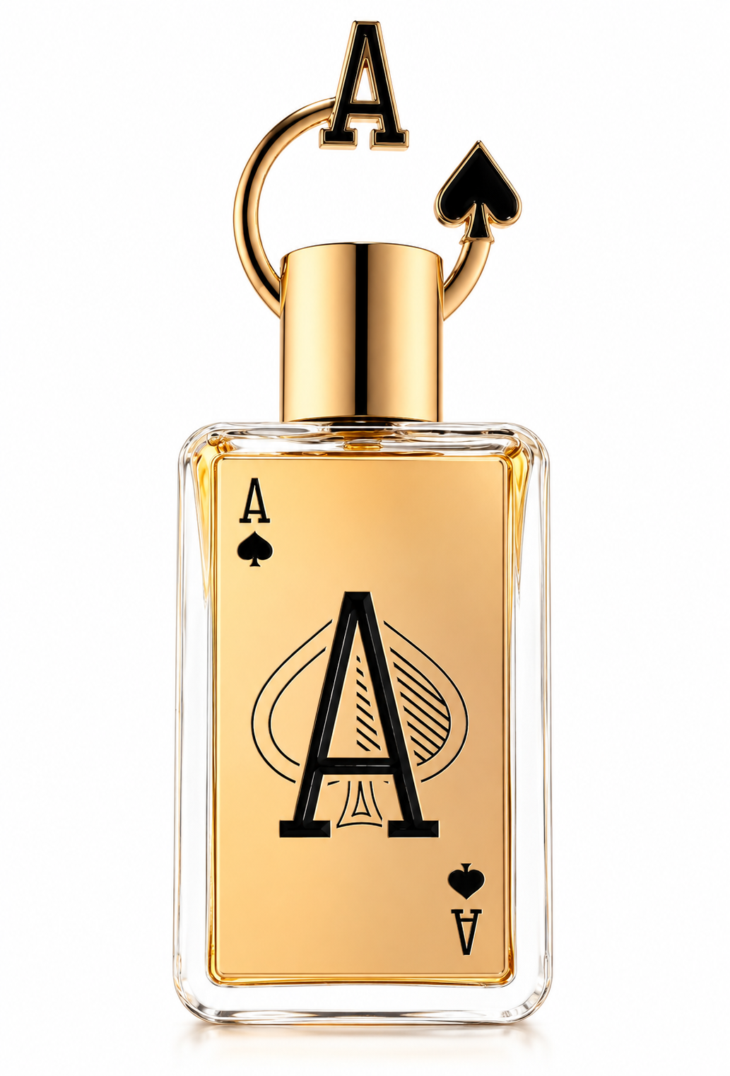 Ace of Spades-inspired perfume bottle with warm amber fragrance, clear rectangular glass, gold cap and distinctive black spade and “A” playing-card design on a clean white background.