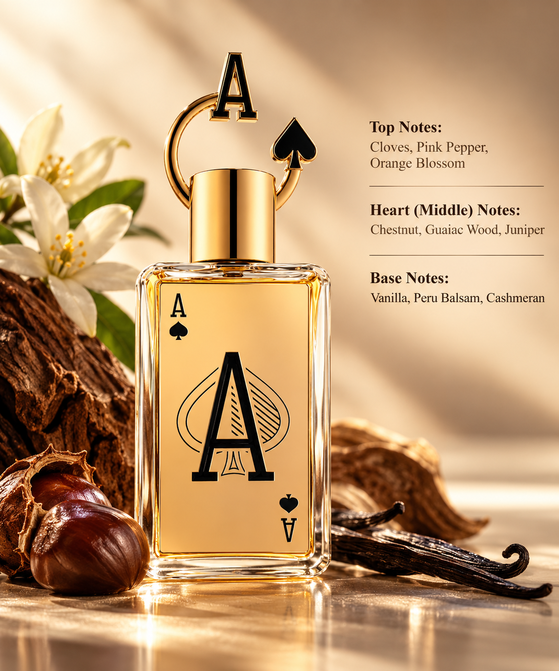 Ace of Spades-inspired amber perfume bottle in an elegant warm composition with chestnuts, orange blossom, dark woods and vanilla pods, reflecting its spicy, woody, balsamic and sweet fragrance profile.