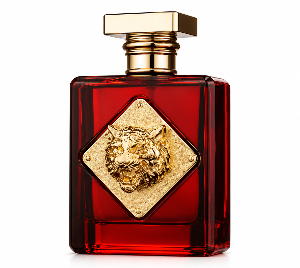 Luxury deep red perfume bottle with a rectangular gold cap and ornate gold tiger emblem on the front, presented against a clean white background with bold, refined detailing.