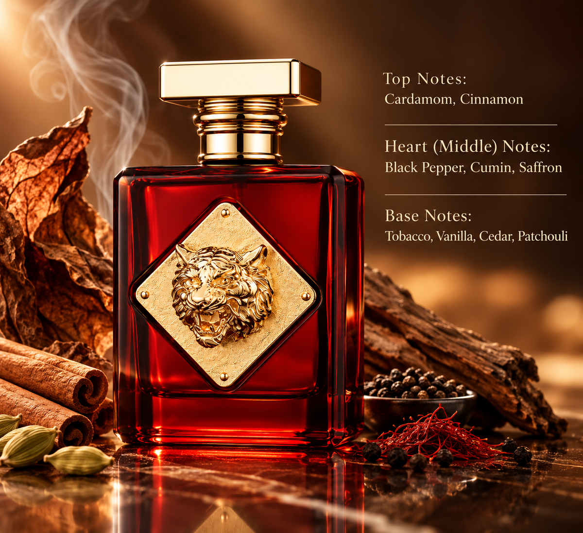 Deep red perfume bottle with gold tiger emblem in a warm smoky setting with cardamom, cinnamon, black pepper, saffron and tobacco, reflecting its intense spicy, woody, warm and subtly sweet fragrance profile.