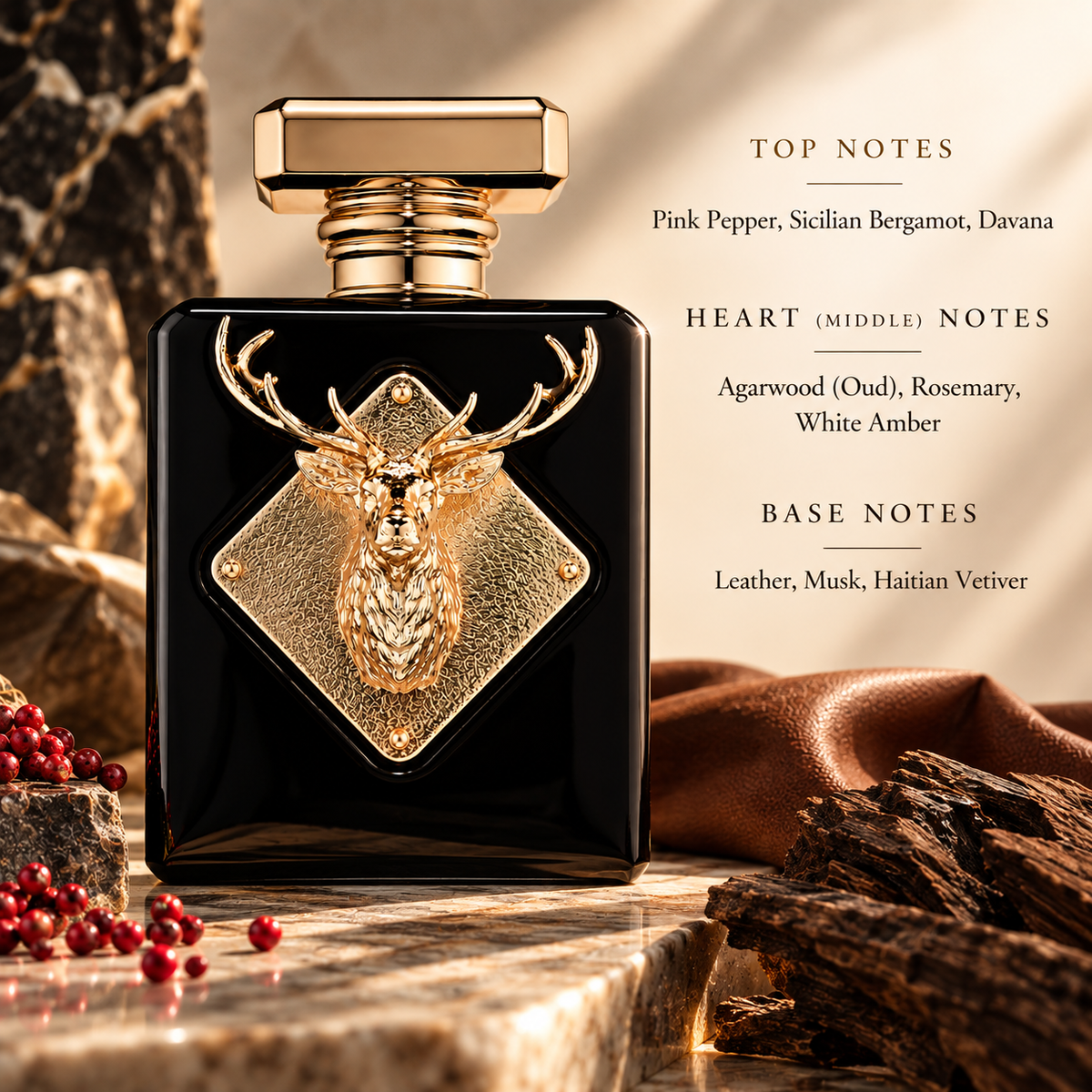 Fragrance World Imperial presented in a sophisticated warm setting with pink pepper, bergamot, oud, rosemary, amber, leather, musk and vetiver-inspired elements, visually highlighting its rich spicy, woody, leathery and ambery character alongside the Top, Heart and Base Notes.
