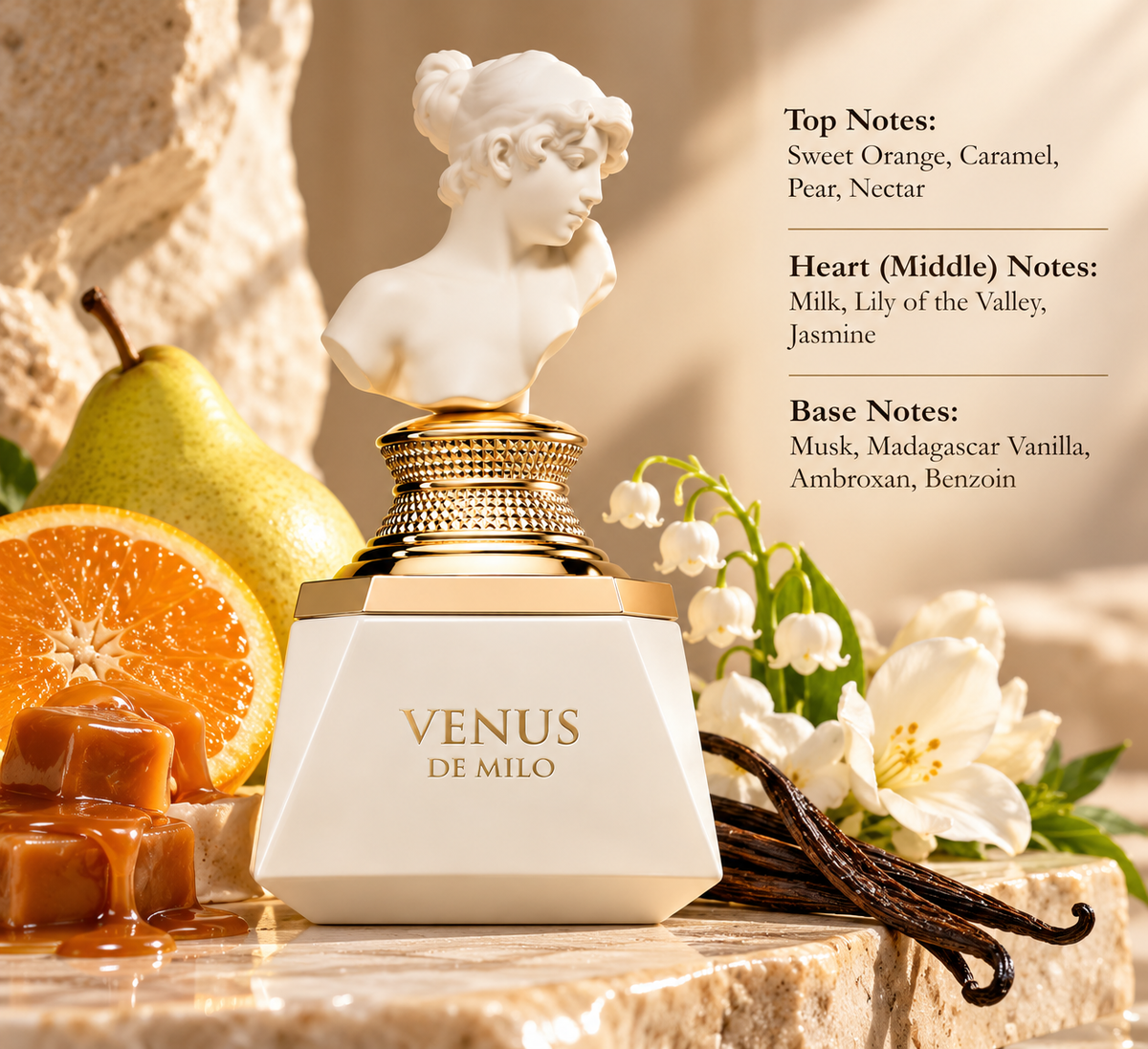 Venus de Milo perfume presented with pear, sweet orange, caramel, lily of the valley and vanilla, reflecting its creamy floral gourmand scent profile with musk, Madagascar vanilla, Ambroxan and benzoin.