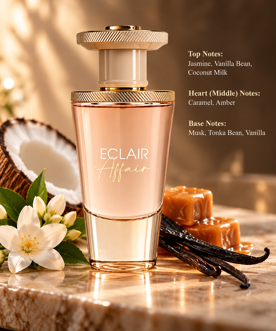 French Avenue Eclair Affair luxury perfume displayed on polished beige marble with white jasmine flowers, coconut, creamy caramel and vanilla pods. Warm golden lighting highlights the elegant blush pink bottle, inspired by its sweet gourmand, creamy vanilla, amber and musky fragrance notes.