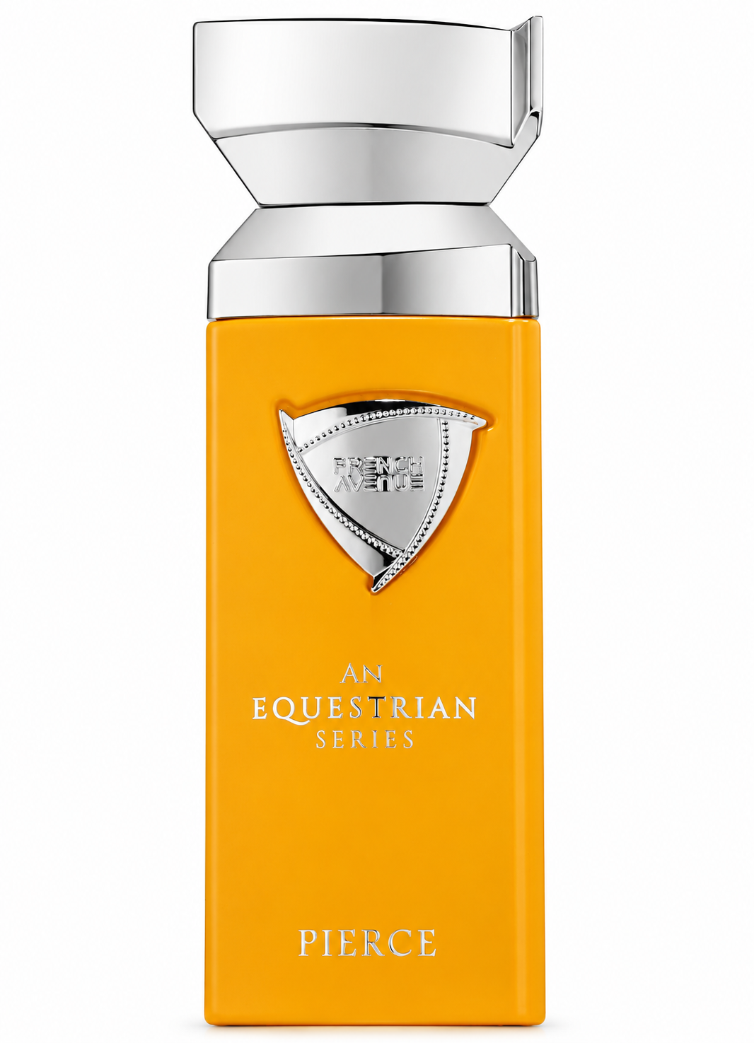 French Avenue Pierce perfume from the Equestrian Series in a striking orange bottle with polished silver cap and metallic crest detail, photographed on a clean white background.