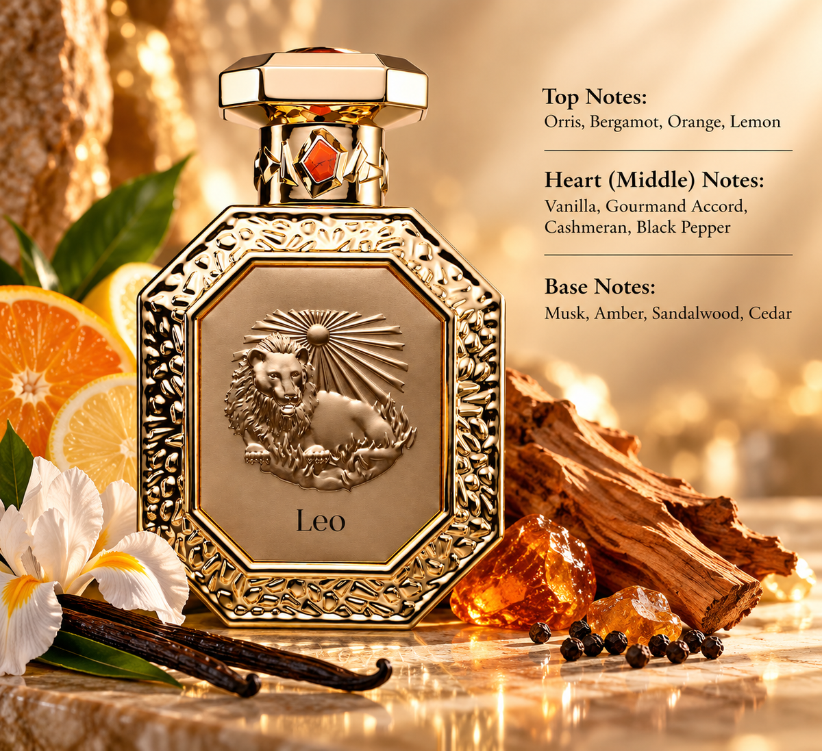 French Avenue Leo perfume presented with citrus, orris, vanilla, black pepper and warm woods, reflecting its bright opening, gourmand heart and rich amber, musk and sandalwood base.