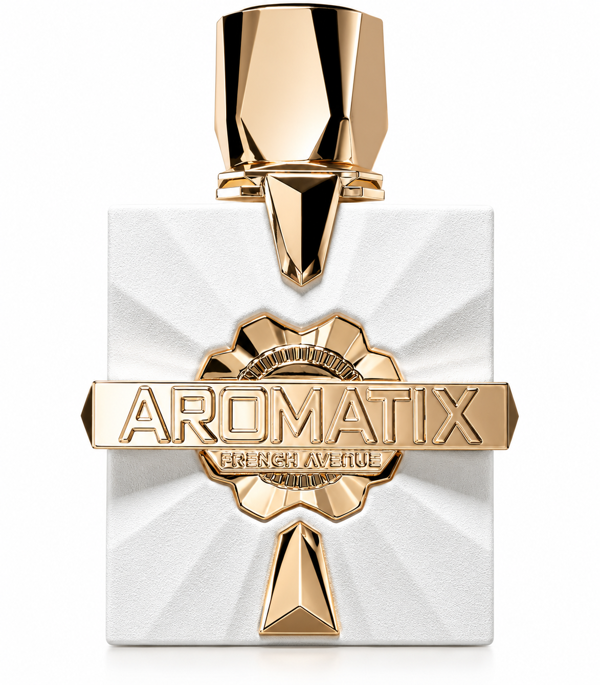 French Avenue Aromatix perfume in an elegant textured white bottle with bold polished gold details, geometric cap and prominent Aromatix emblem, photographed on a clean white background.